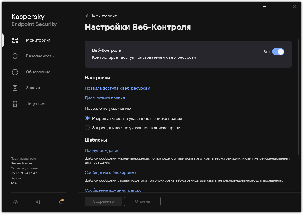 Окно с параметрами Веб-Контроля.