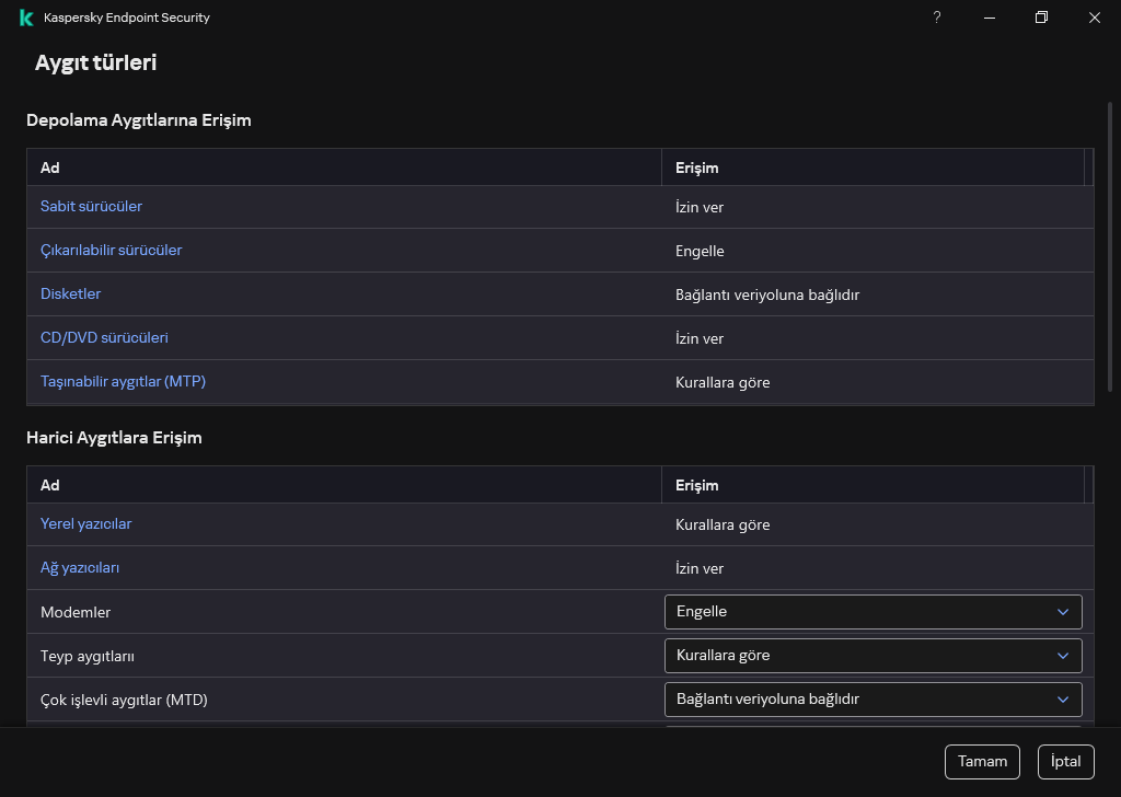 Aygıtlara erişimi yapılandırma penceresi. Kullanıcı, aygıtlarıa erişimi yapılandırabilir ve erişim planı gibi ek erişim parametrelerini ayarlayabilir.