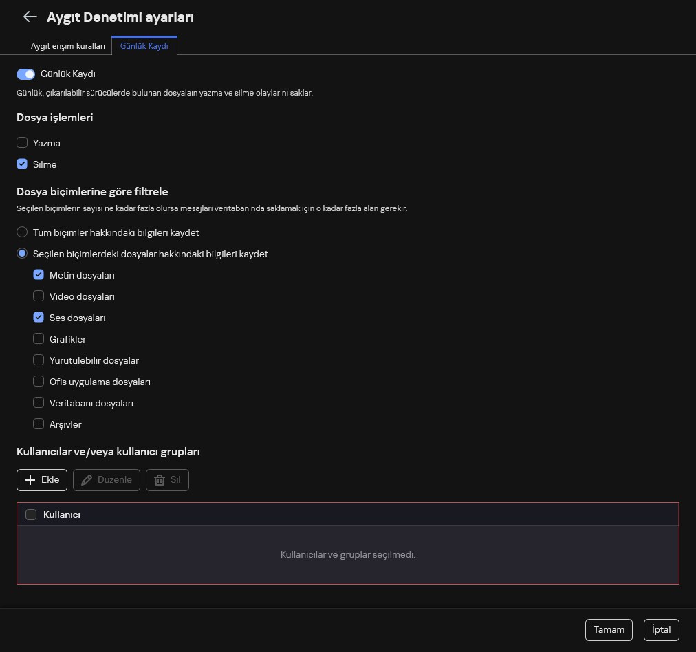Çıkarılabilir sürücülerin kullanımıyla ilgili olayların günlüğe kaydedilmesini yapılandırma penceresi. Kullanıcı günlüğe kaydedilecek olayları seçebilir.