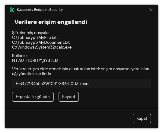 Şifrelenmiş verilere erişmek için istek dosyası içeren bir pencere. Kullanıcı, oluşturulan dosyayı diske kaydedebilir veya e-posta ile gönderebilir.