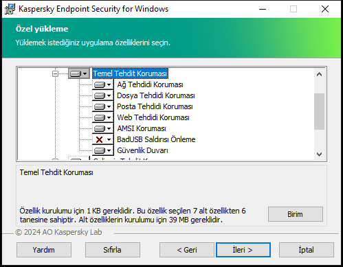 Kullanıcının seçebileceği bileşenlerin listesini içeren yükleyici penceresi.