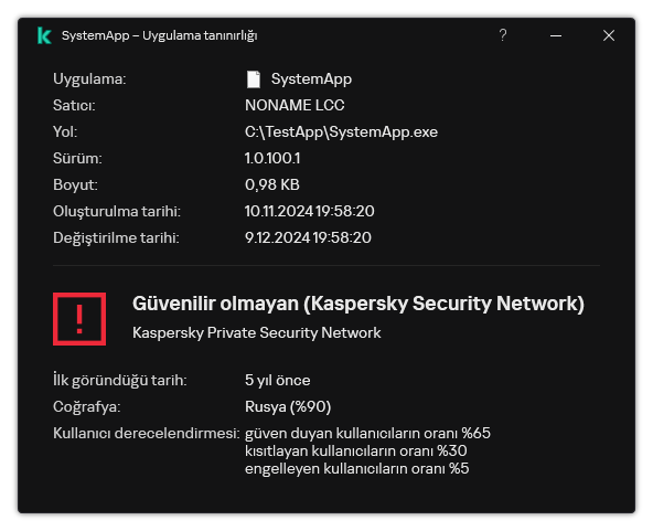 Pencere, dosya tanınırlığı ve dijital imzanın varlığı gibi diğer veriler hakkında bilgiler içerir.