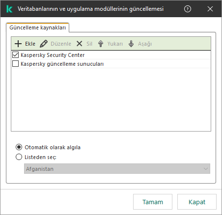 Güncelleme kaynaklarının listesini içeren bir pencere. Kullanıcı güncelleme kaynakları ekleyebilir ve kaynağa bir öncelik atayabilir.