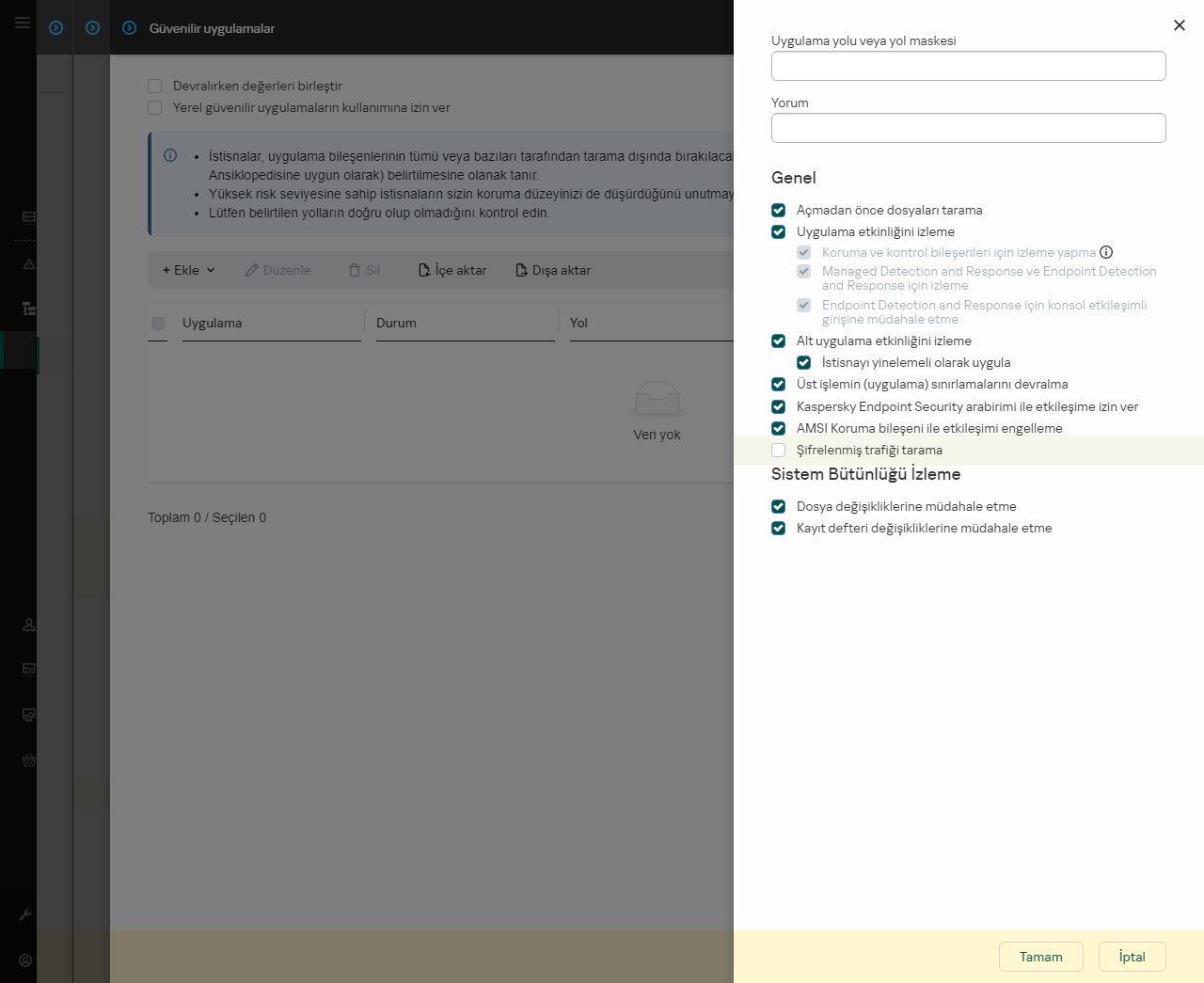 Güvenilir uygulamaya giden yolu girmek için bir alan içeren bir pencere. Maskeler kullanılabilir.