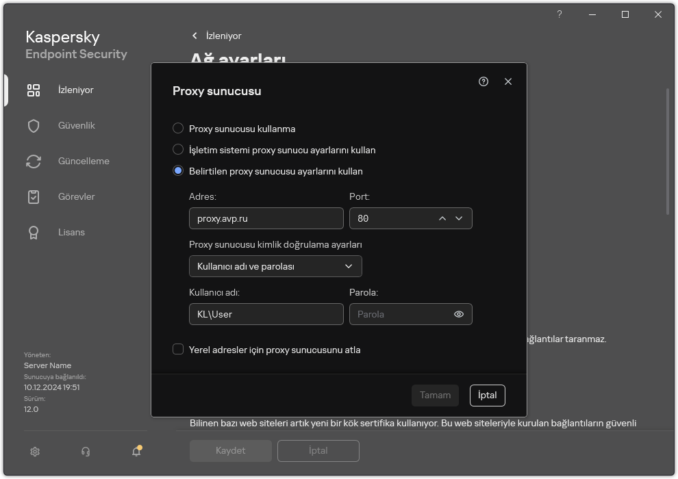 Proxy sunucusu bağlantısını yapılandırma penceresi. Kullanıcı, proxy sunucusunun adresini ve proxy sunucusuna bağlanmak için kimlik bilgilerini ayarlayabilir.