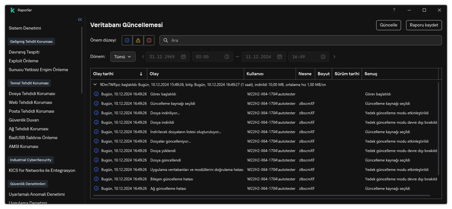 Rapordaki olayların listesini içeren bir pencere. Kullanıcı olayları filtreleyebilir/sıralayabilir ve raporları bir dosyaya kaydedebilir.