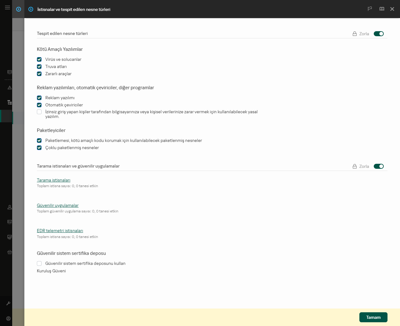 İstisna ayarları penceresi. Kullanıcı, istisnalar ve güvenilir uygulamalar ekleyebilir.
