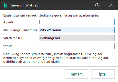 Pencere, güvenilir Wi-Fi ağının ayarlarını içerir.