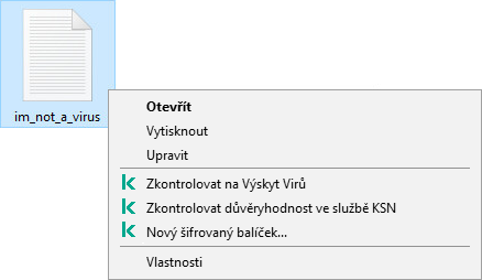 Místní nabídka Soubor s položkami aplikace Kaspersky: kontrola malwaru, kontrola reputace v KSN, vytvoření šifrovaného archivu.