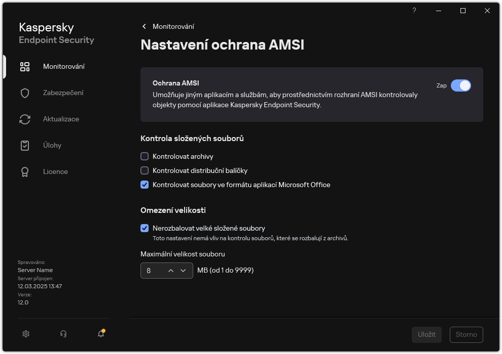 Okno nastavení součásti Ochrana AMSI.