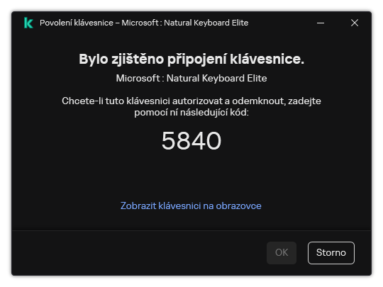 Okno s kódem pro autorizaci klávesnice. Uživatel může aktivovat klávesnici na obrazovce a zadat kód.