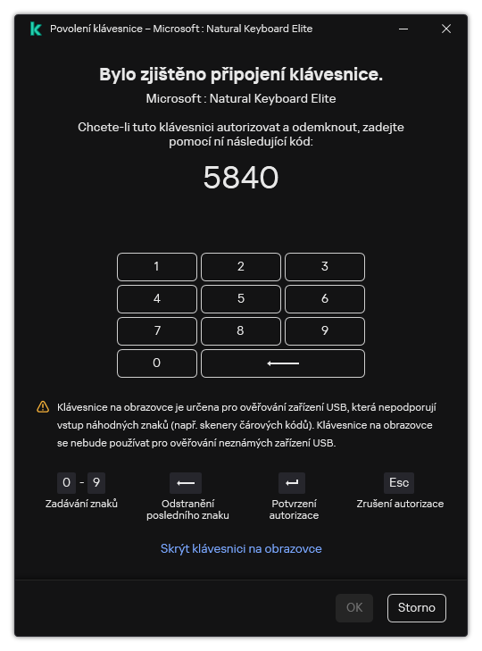 Okno s autorizačním kódem klávesnice a klávesnicí na obrazovce. Kód může zadat uživatel.