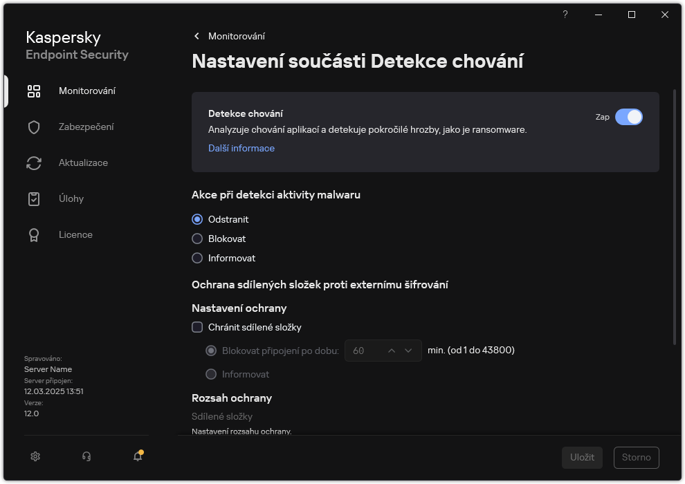 Okno nastavení součásti Detekce chování.