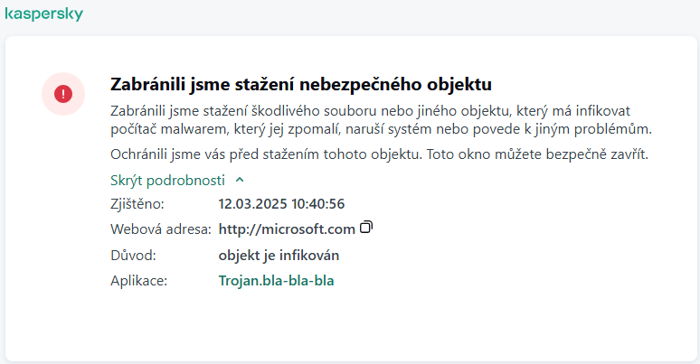 Upozornění aplikace Kaspersky na zabránění načtení škodlivého objektu v okně prohlížeče.