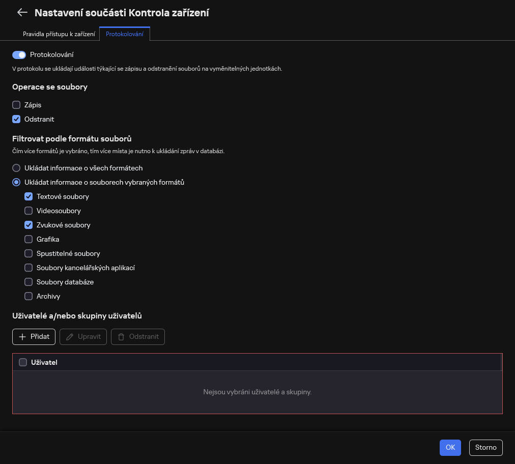Okno pro konfiguraci protokolování událostí o použití vyměnitelných jednotek. Uživatel si může vybrat události, které mají být protokolovány.