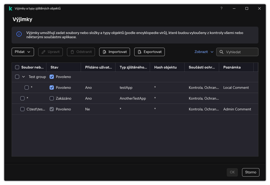 Okno se seznamem výjimek. Zobrazí se vlastnosti výjimky. Uživatel může přidávat, upravovat nebo odstraňovat výjimky.