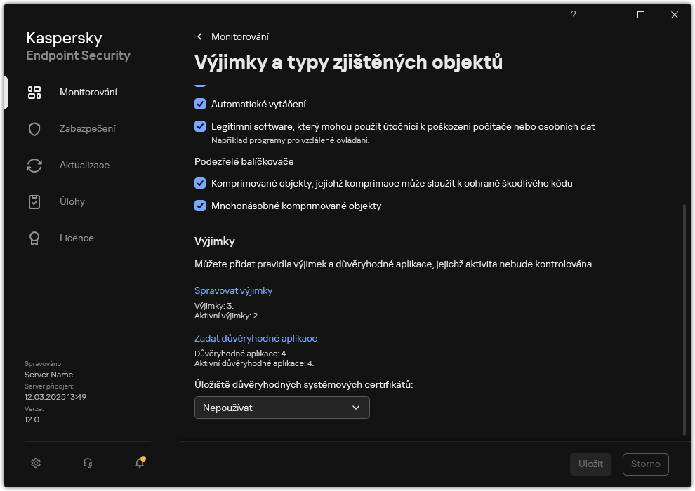 Okno nastavení výjimek. Uživatel může přidávat výjimky a důvěryhodné aplikace.