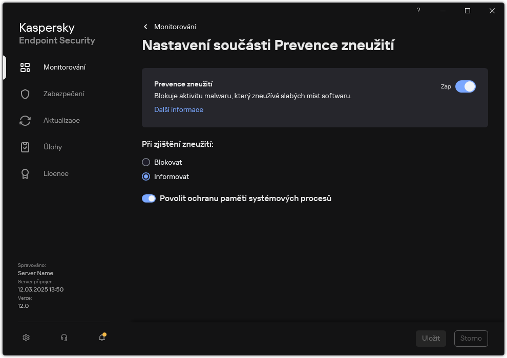 Okno nastavení součásti Prevence zneužití