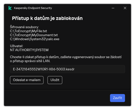 Okno se souborem požadavku na přístup k zašifrovaným datům. Uživatel může vygenerovaný soubor uložit na disk nebo poslat e-mailem.