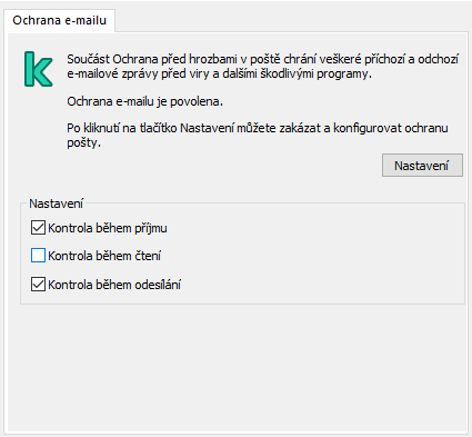 Rozšíření Kaspersky pro okno aplikace Outlook. Uživatel může nakonfigurovat zprávy, které mají být kontrolovány při přijetí, přečtení nebo odesílání.