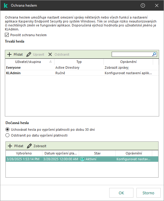Okno Správa dočasných hesel.