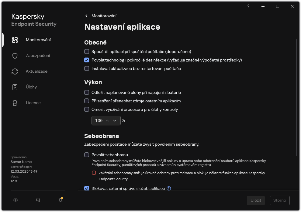 Okno Nastavení aplikace. Uživatel může konfigurovat výkon, sebeobranu a další nastavení.