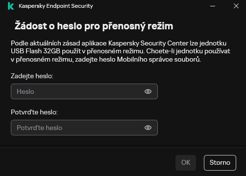 Okno obsahuje pole pro zadání a potvrzení hesla.