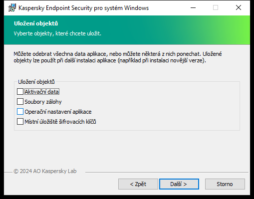 Okno instalačního programu se seznamem objektů, které lze uložit po odebrání aplikace.