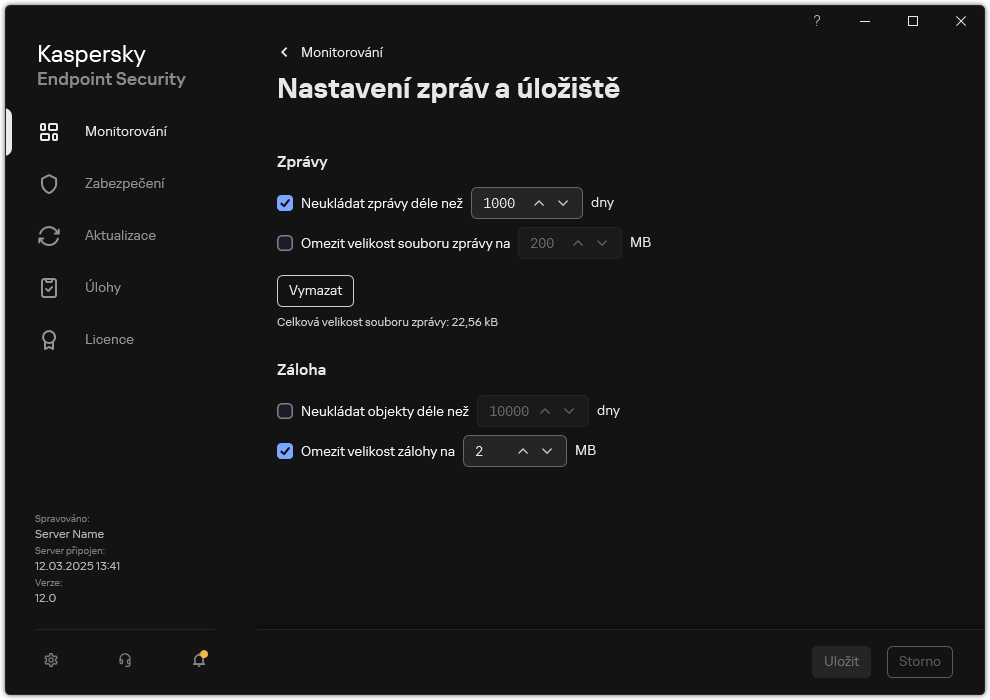 Okno Nastavení zpráv a úložiště. Uživatel může nastavit velikost a omezit dobu uložení sestav a objektů v úložišti.