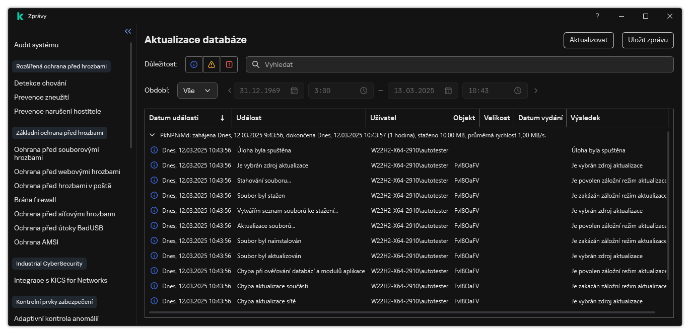 Okno se seznamem událostí ve zprávě. Uživatel může filtrovat/třídit události a ukládat zprávy do souboru.