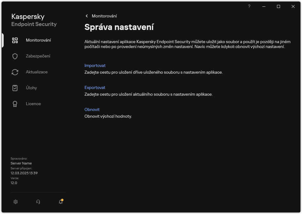 Okno nastavení výjimek. Uživatel může exportovat, importovat nebo obnovovat nastavení aplikace.