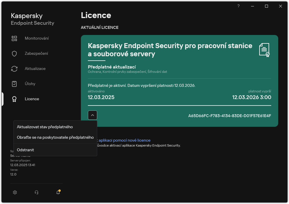 Okno s informacemi o licenci. Uživatel může aktualizovat stav předplatného, kontaktovat poskytovatele předplatného nebo odebrat licenci.