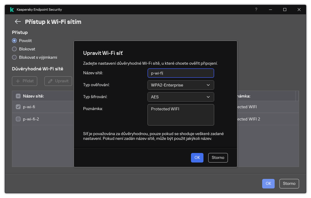 Okno obsahuje nastavení důvěryhodné Wi-Fi sítě.