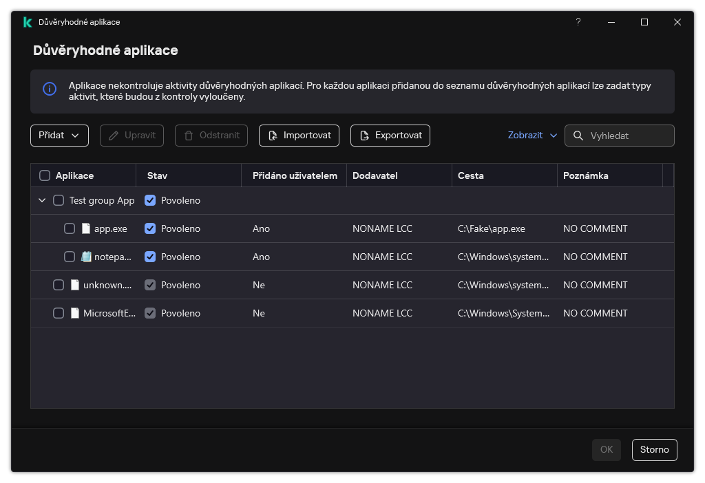Okno se seznamem důvěryhodných aplikací. Uživatel může přidat, upravit nebo odebrat důvěryhodnou aplikaci.