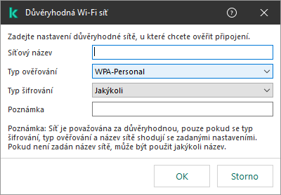 Okno obsahuje nastavení důvěryhodné Wi-Fi sítě.
