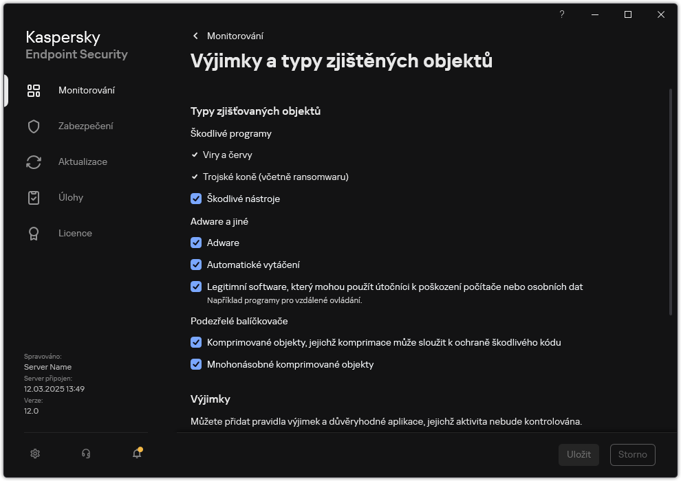 Okno nastavení výjimek. Uživatel může vybrat typy zjišťovaných objektů a přidat objekty do výjimek.