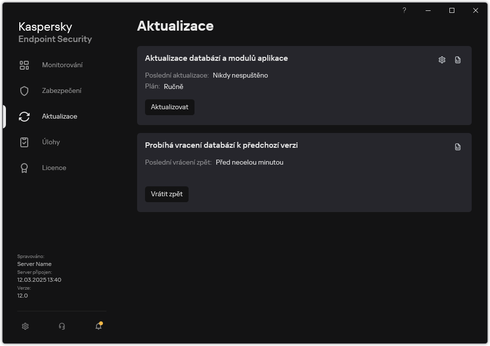 Okno se seznamem úloh místní aktualizace. Uživatel může spustit aktualizaci databází a modulů aplikace nebo vrátit poslední aktualizaci.