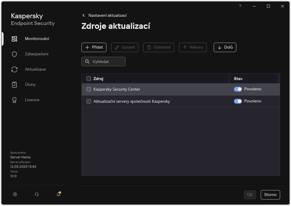 Okno se seznamem zdrojů aktualizací. Uživatel může přidat zdroje aktualizací a přiřadit zdroji prioritu.