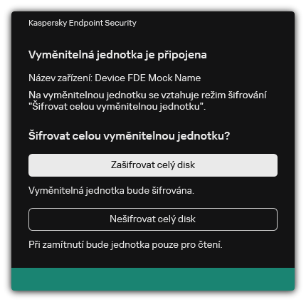 Upozornění na připojený disk s povoleným šifrováním souborů. Uživatel může zašifrovat soubory nebo odmítnout.
