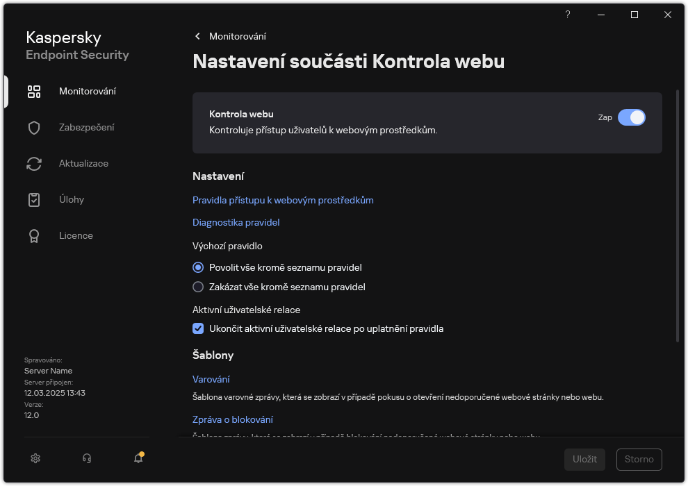 Nastavení součásti Kontrola webu.
