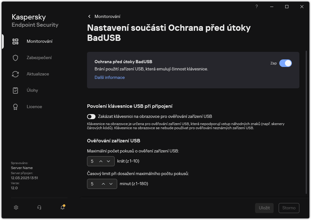 Okno nastavení Ochrana před útoky BadUSB.