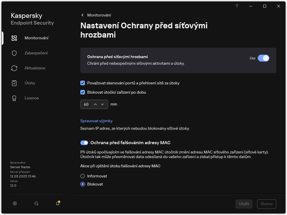 Okno nastavení součásti Ochrana před síťovými hrozbami