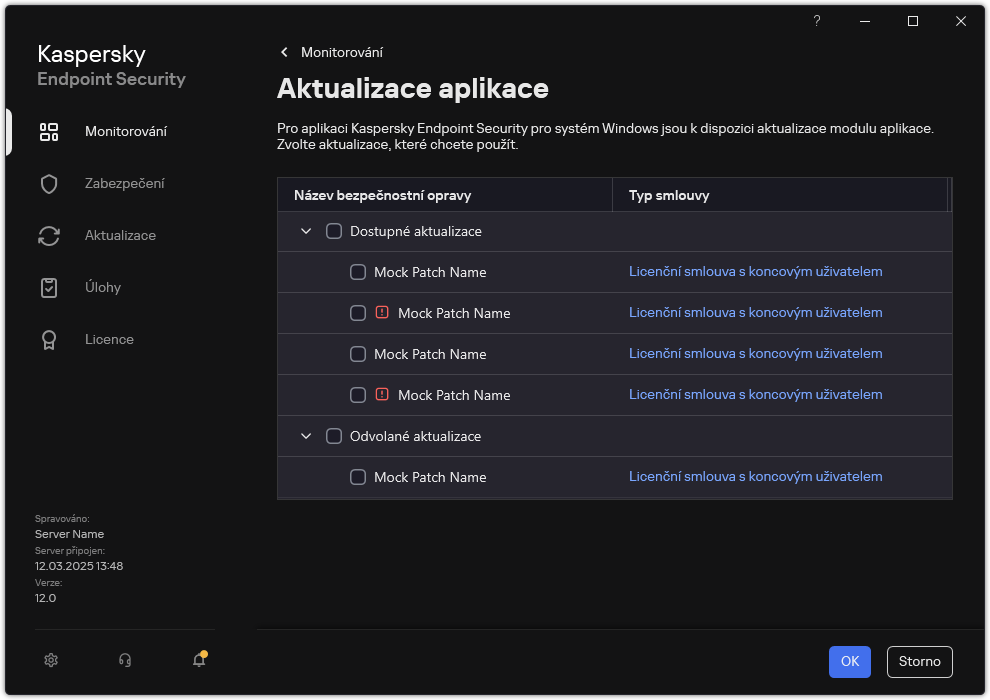 Okno se seznamem dostupných oprav. Uživatel si může vybrat opravy a přijmout smluvní podmínky.