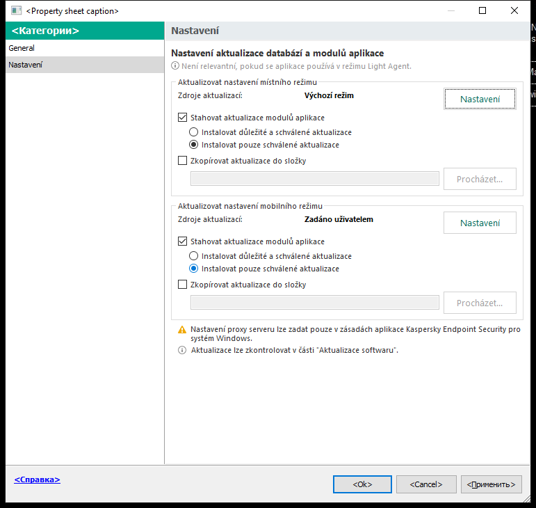 Okno Aktualizace nastavení úlohy. Uživatel může nakonfigurovat aktualizaci v místním a mobilním režimu.