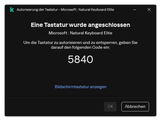 Das Fenster mit einem Autorisierungscode für die Tastatur. Der Benutzer kann die Bildschirmtastatur aktivieren und den Code eingeben.