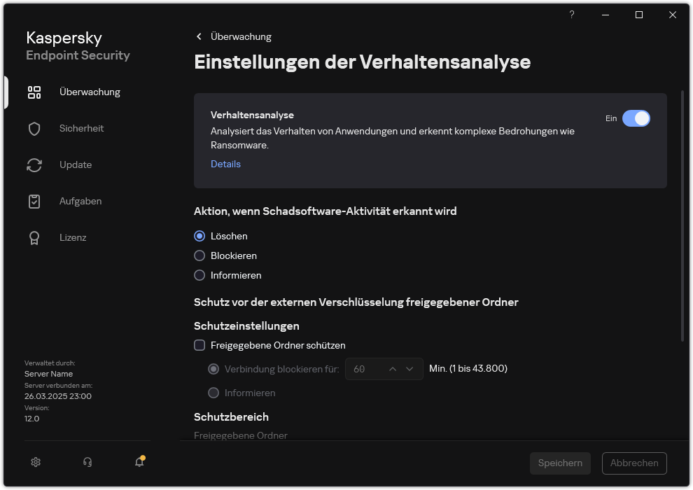Fenster mit den Einstellungen der Verhaltensanalyse.