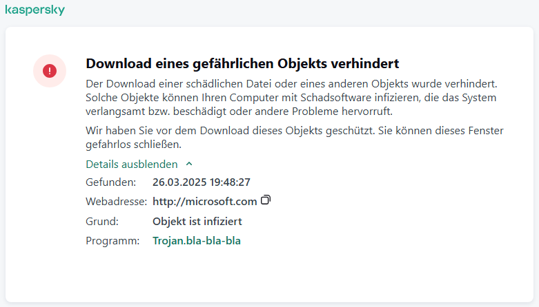 Kaspersky-Benachrichtigung: Das Laden eines schädlichen Objekts im Browserfenster wurde verhindert.