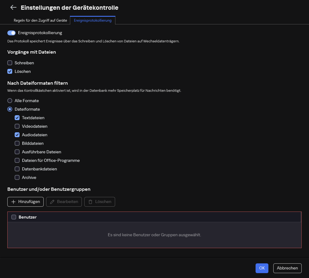 Das Konfigurationsfenster für die Protokollierung von Ereignissen, die sich auf die Verwendung von Wechseldatenträgern beziehen. Der Benutzer kann die zu protokollierenden Ereignisse auswählen.