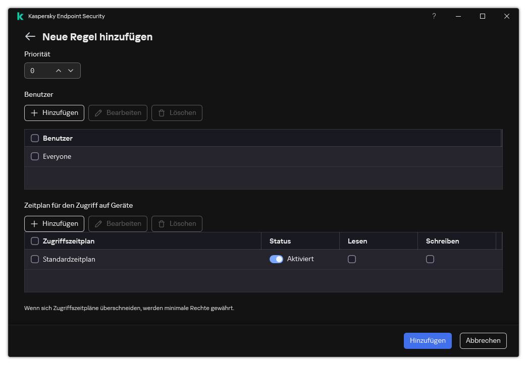 Konfigurationsfenster für eine &bdquo;Gerätekontrolle&ldquo;-Regel. Der Benutzer kann die Priorität der Regel festlegen, Benutzer zur Regel hinzufügen und einen Regelzeitplan erstellen.