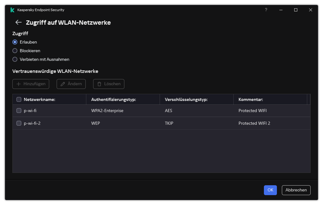 Ein Fenster mit einer Liste der WLAN-Netzwerke. Der Benutzer kann den Zugriff auf alle WLAN-Netzwerke konfigurieren und vertrauenswürdige WLAN-Netzwerke hinzufügen.